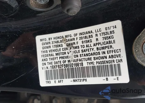 2014 Honda Civic Lx из США, поврежденный, VIN 19XFB2F59EE016618